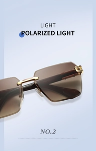 Detailed macro view of rimless square sunglasses with polarized brown gradient lenses