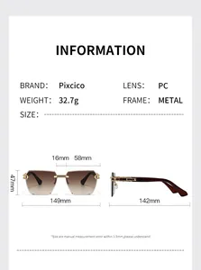 Detailed size chart of modern square top sunglasses with frame and lens measurements