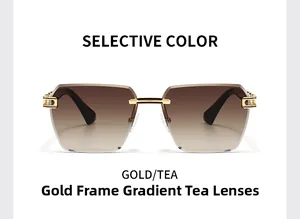 Detail of gradient tea lenses and golden metal chain buckle on rimless sunglasses