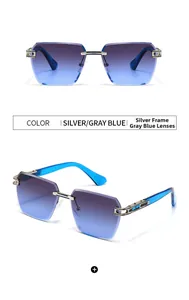 Detail of rimless square sunglasses with silver frame and gray blue gradient lenses
