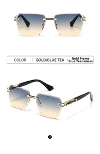 Detail view of Gold-Blue Tea rimless sunglasses with geometric gradient lenses and metal hinges
