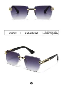 Detail view of gold metal rimless sunglasses with purple grey gradient lenses and nose pads
