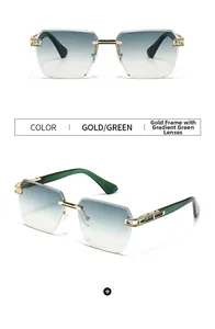 Close-up of rimless geometric sunglasses with gold metal temples and green gradient lenses