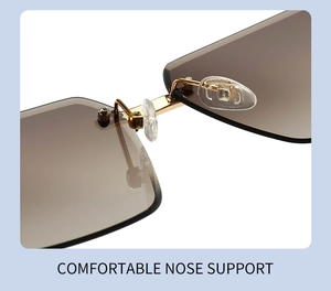 Detail of comfortable silicone nose pads and gold bridge on rimless sunglasses