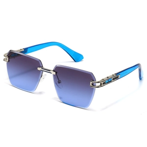 Modern rimless square sunglasses with blue gradient lenses and gold metal accents