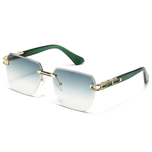 Modern rimless sunglasses with blue gradient octagonal lenses and gold metal accents