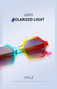 Detail of polarized lenses on rainbow gradient frame geometric square sunglasses