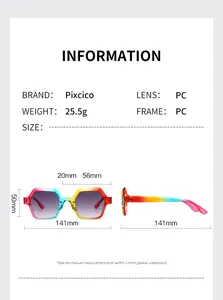 Detailed sizing chart and dimensions for modern retro square flat top sunglasses