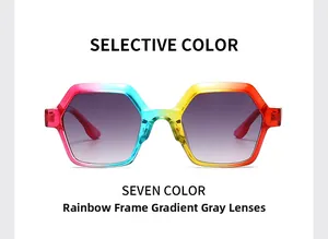 Macro view of retro flat top sunglasses with seven-color gradient frame and gray lenses