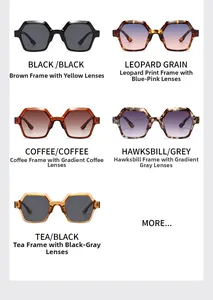 Detailed grid showing five colors of retro hexagonal sunglasses in tortoise and solid tones