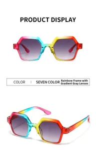 Close-up of hexagonal sunglasses with a vibrant rainbow frame and grey gradient lenses