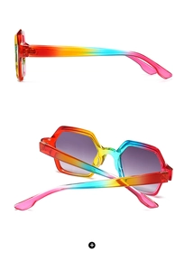 Macro detail of hexagonal sunglasses featuring a vibrant rainbow gradient frame finish