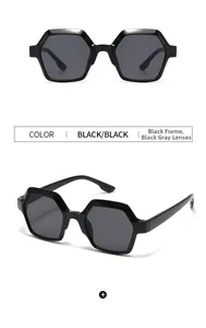 Front and 45-degree angle view of modern hexagonal thick frame black sunglasses