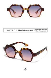 Detailed views of leopard print flat top sunglasses with blue-pink gradient lenses