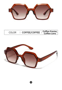 Detail view of coffee brown gradient lenses and oversized square polygon frame sunglasses