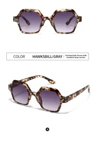 Detail of tortoise frame sunglasses with gradient purple-gray lenses and metal hinges
