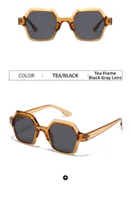 Detail of tea-colored hexagonal frame sunglasses with dark gray lenses in two angles