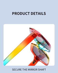 Detail view of the rainbow gradient sunglasses showing the durable mirror shaft and hinge