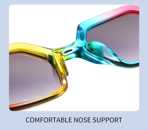Detail of comfortable integrated nose pads on rainbow gradient square sunglasses