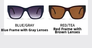 Detail of blue cat eye sunglasses with gradient lens and red frame with brown lens