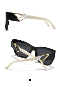 Detail view of fashion sunglasses featuring white temples and gold triangle metal hinges
