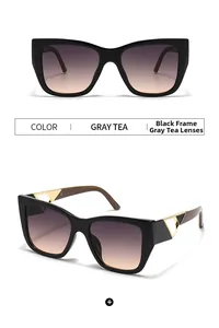 Detail of square oversized sunglasses with gold triangle metal hinge and gray tea lenses
