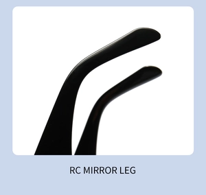 Macro detail of ergonomic black glossy sunglasses temple arm with RC mirror leg text