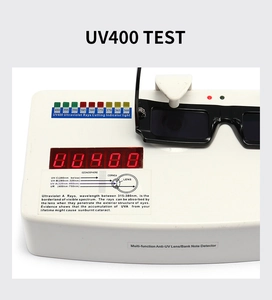 Detail view of square sunglasses undergoing UV400 protection testing for UVA and UVB