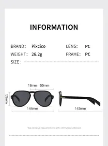 Size chart with dimensions for modern flat top aviator sunglasses in English