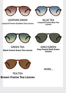 Matrix view of flat top aviator sunglasses in multiple tortoiseshell and black frame colors