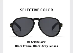 Close-up of black frame sunglasses with gray lenses and gold metallic temple accents
