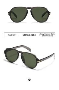 Detail view of aviator sunglasses with gray transparent frames and green lenses