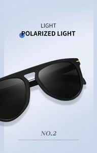 Detail view of black polarized sunglasses with golden metal accents and spec marking