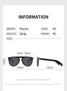 Detailed size chart for black sunglasses showing 52mm lens width and 28.4g weight