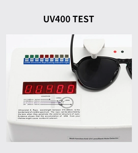 Flat top aviator sunglasses showing UV400 protection testing on professional meter