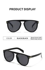 Detail view of black sunglasses with black gray lenses and gold arrow metal accents