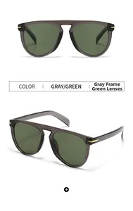 Detail view of aviator sunglasses with gray translucent frames and dark green lenses
