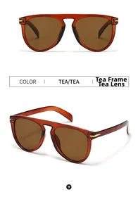 Flat top sunglasses with tea-tinted frames and gold metal accents in dual-angle views