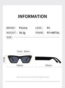 Detailed sizing chart and specifications for modern cat-eye sunglasses with PC lenses
