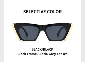 Detail of modern black cat-eye sunglasses featuring golden metal accents on the frame