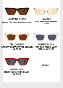 Flat lay of cat-eye sunglasses in various colors with metallic accents on frames