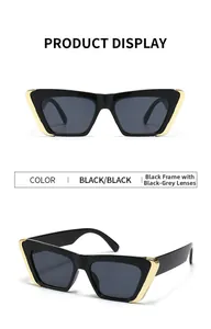Detailed front and 45-degree angle views of black cat eye sunglasses with gold accents
