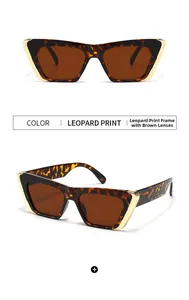 Detail of leopard print cat eye sunglasses with gold V-accents and tea lenses