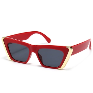 Modern red cat eye sunglasses for women with gold metal accents and dark grey lenses