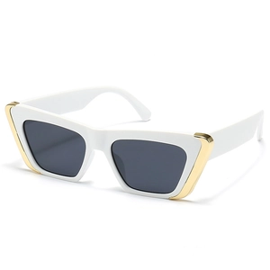 Modern white cat-eye square sunglasses with gold metal accents and dark grey lenses