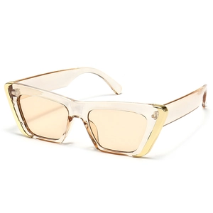 Modern cat-eye square sunglasses with champagne frame and golden metal corner accents