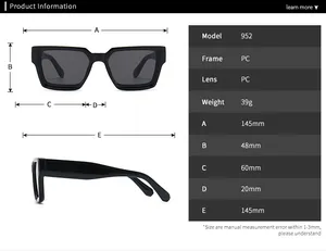 Detailed size specifications for square PC sunglasses showing exact frame measurements