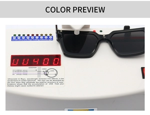 Detail showing UV400 test on square sunglasses with narrow frame for sun protection