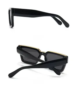 Detail views of square sunglasses featuring bold black frames and gold metal top bar accents