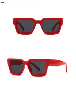 Front and side view of modern narrow square sunglasses with thick red plastic frames